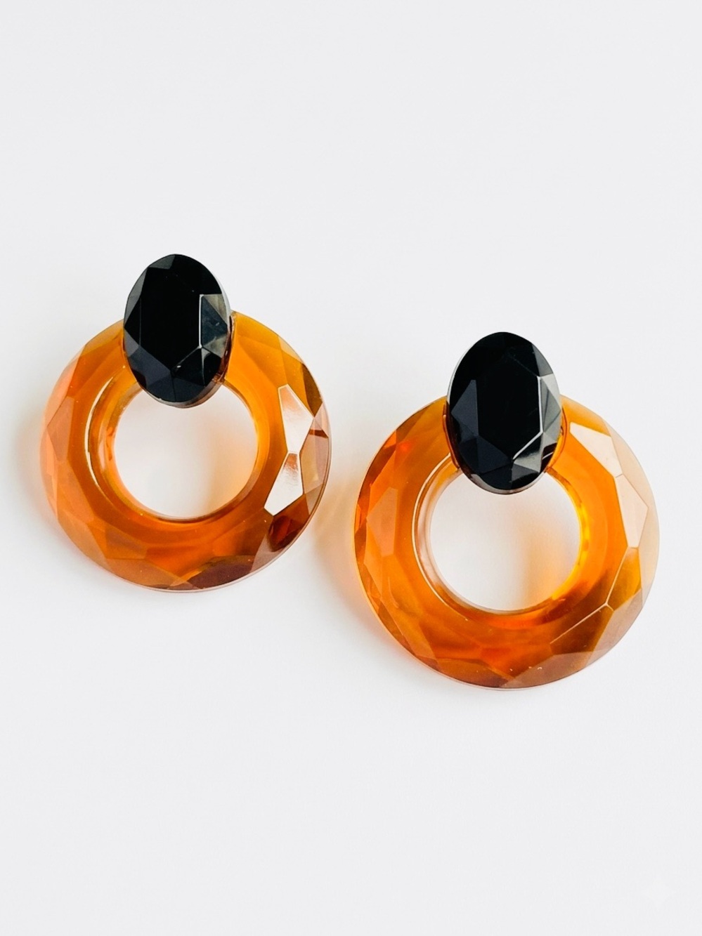Vintage 1980s Chunky Amber Lucite Faceted Hoop Statement Earrings Pierced Post